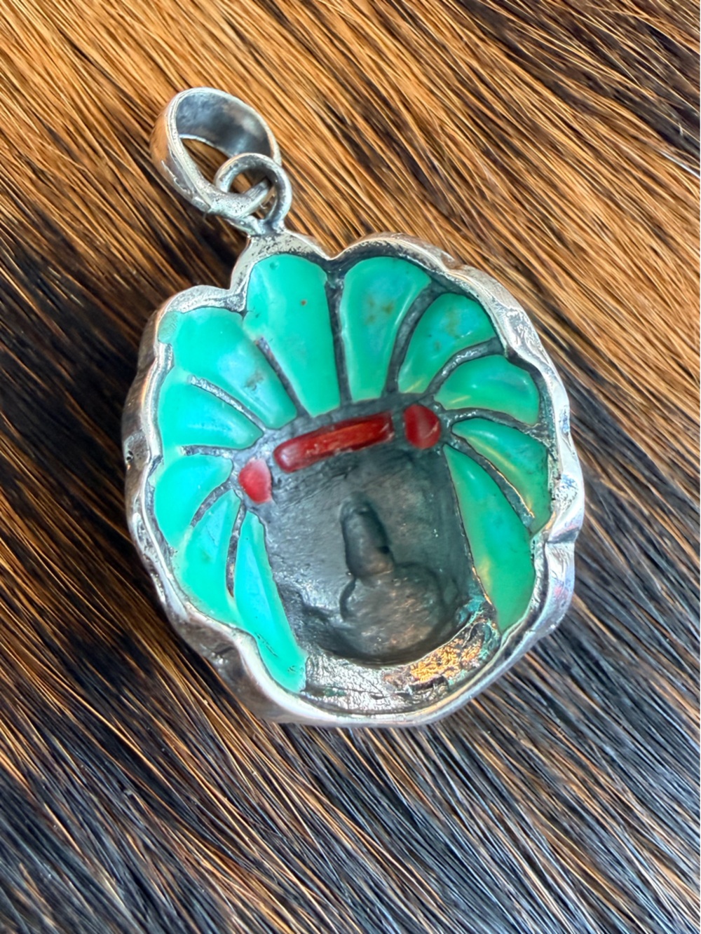 Turquoise Red Coral Native Style Chief Head Pendant | 925 Sterling Silver | New - Picture 4 of 4